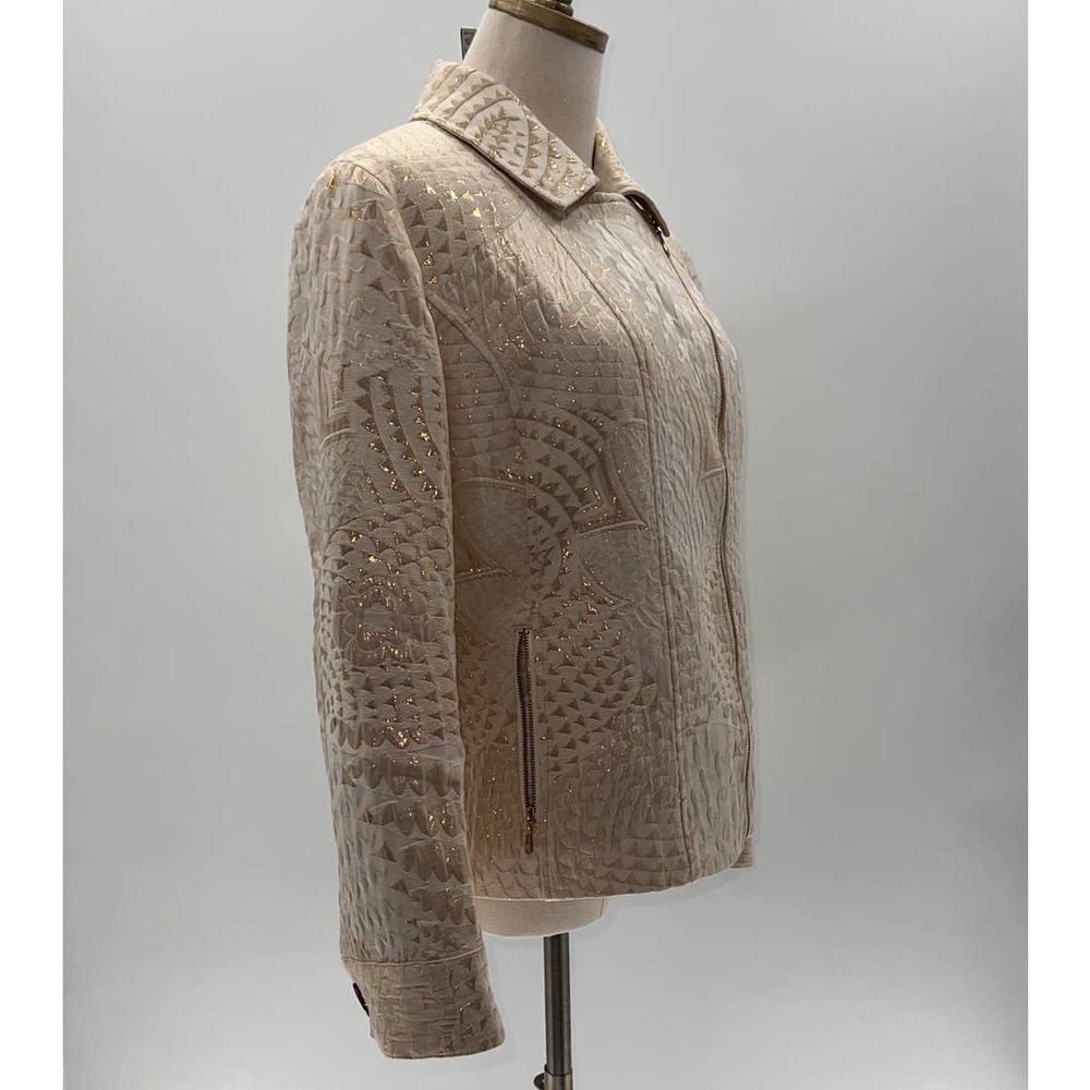 Chico's Cream/Gold Metallic Textured Lined Biker Jacket- 1(M) - Picture 12 of 13